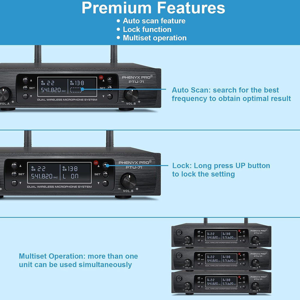 Wireless Microphone System, Dual Channel Cordless Mic Set with Handheld/Bodypack/Headset/Lapel L948209