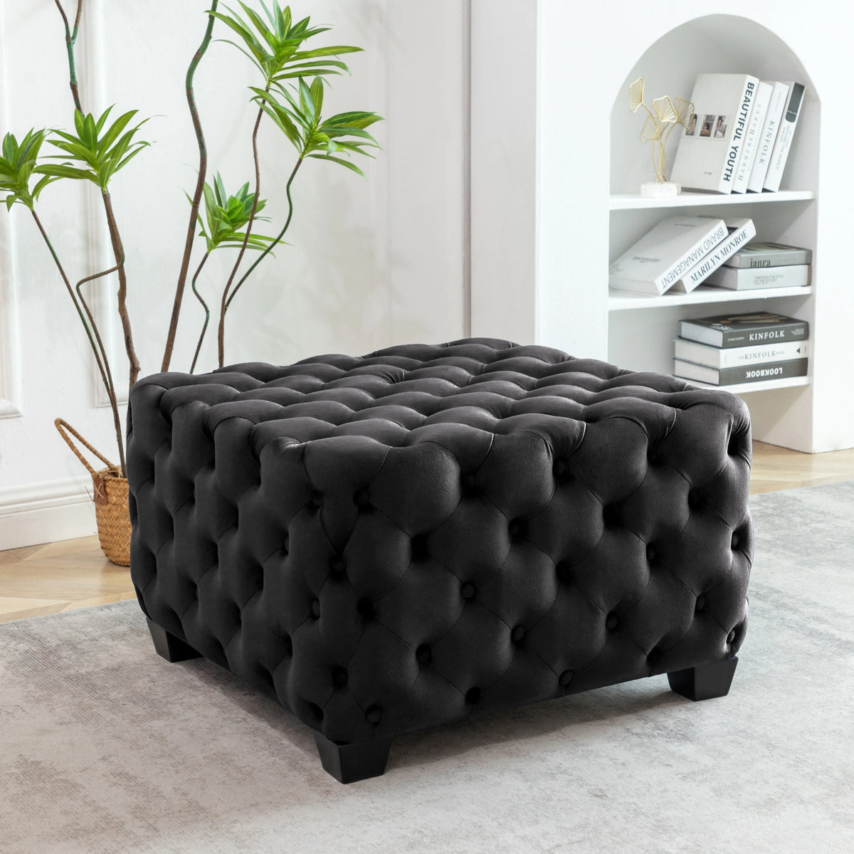Black Velvet Tufted Square Ottoman with Rubberwood Legs X289