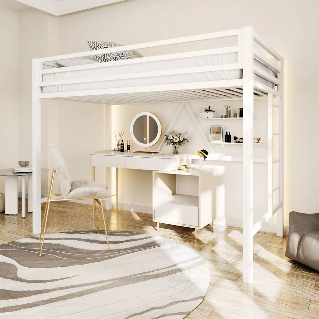 Twin Size White Loft Bed with Metal Ladder T181426