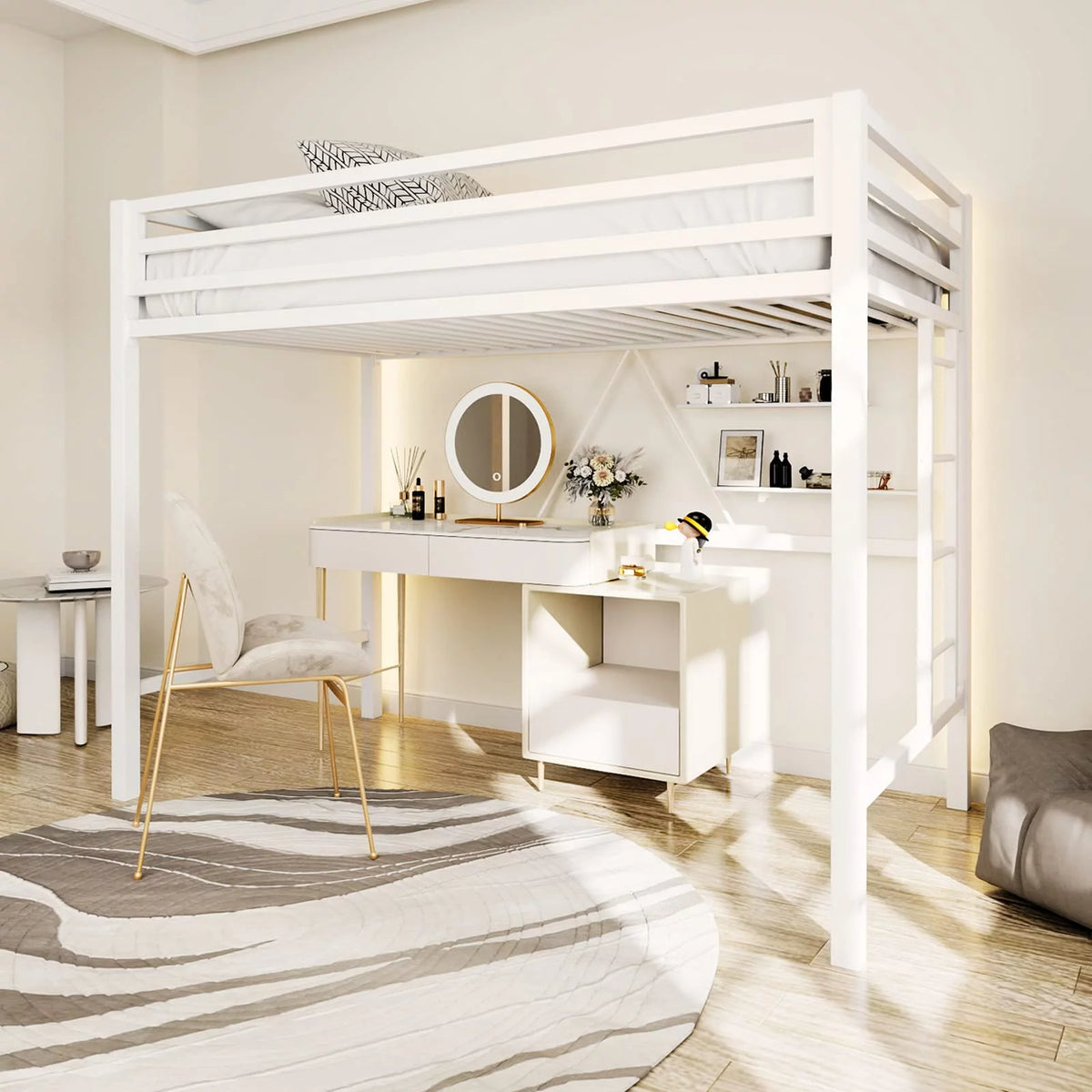 Twin Size White Loft Bed with Metal Ladder T181426