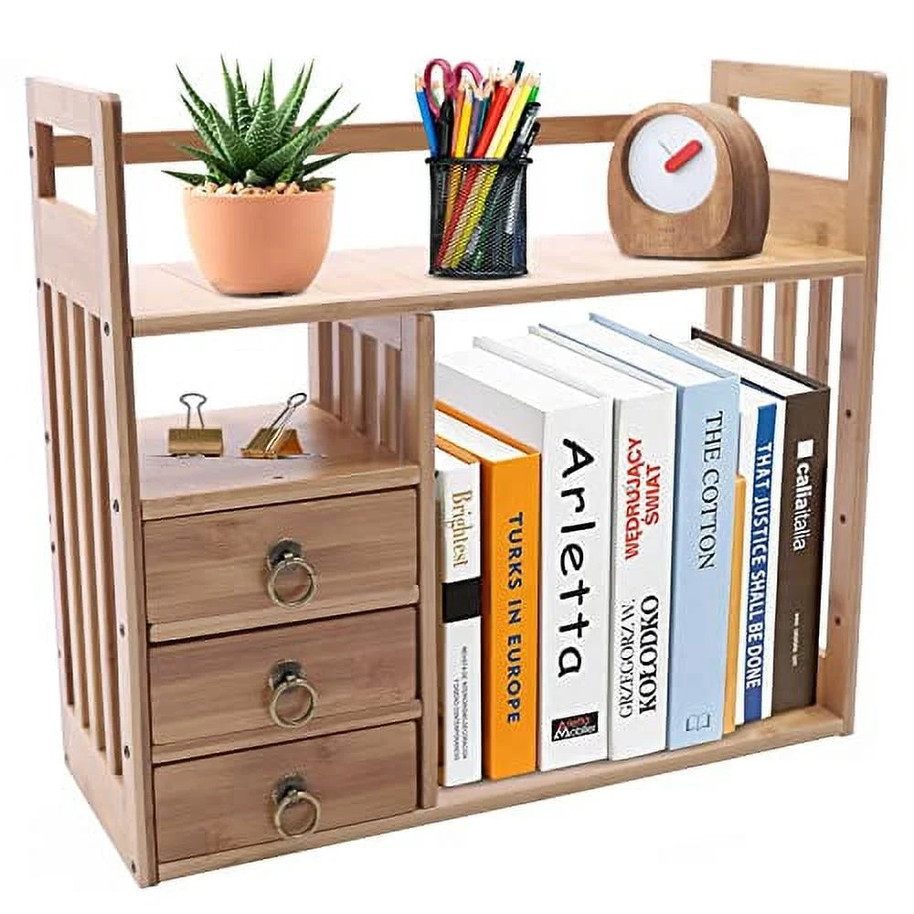 Bamboo Desktop Bookshelf Organizer with 3 Drawers U835