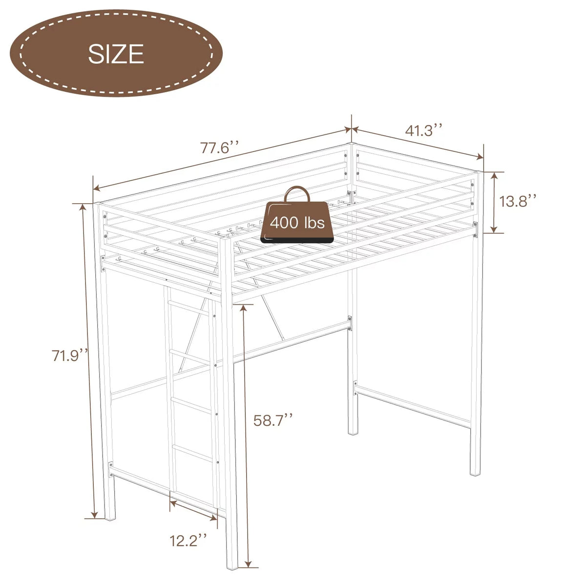 Twin Size White Loft Bed with Metal Ladder T181426