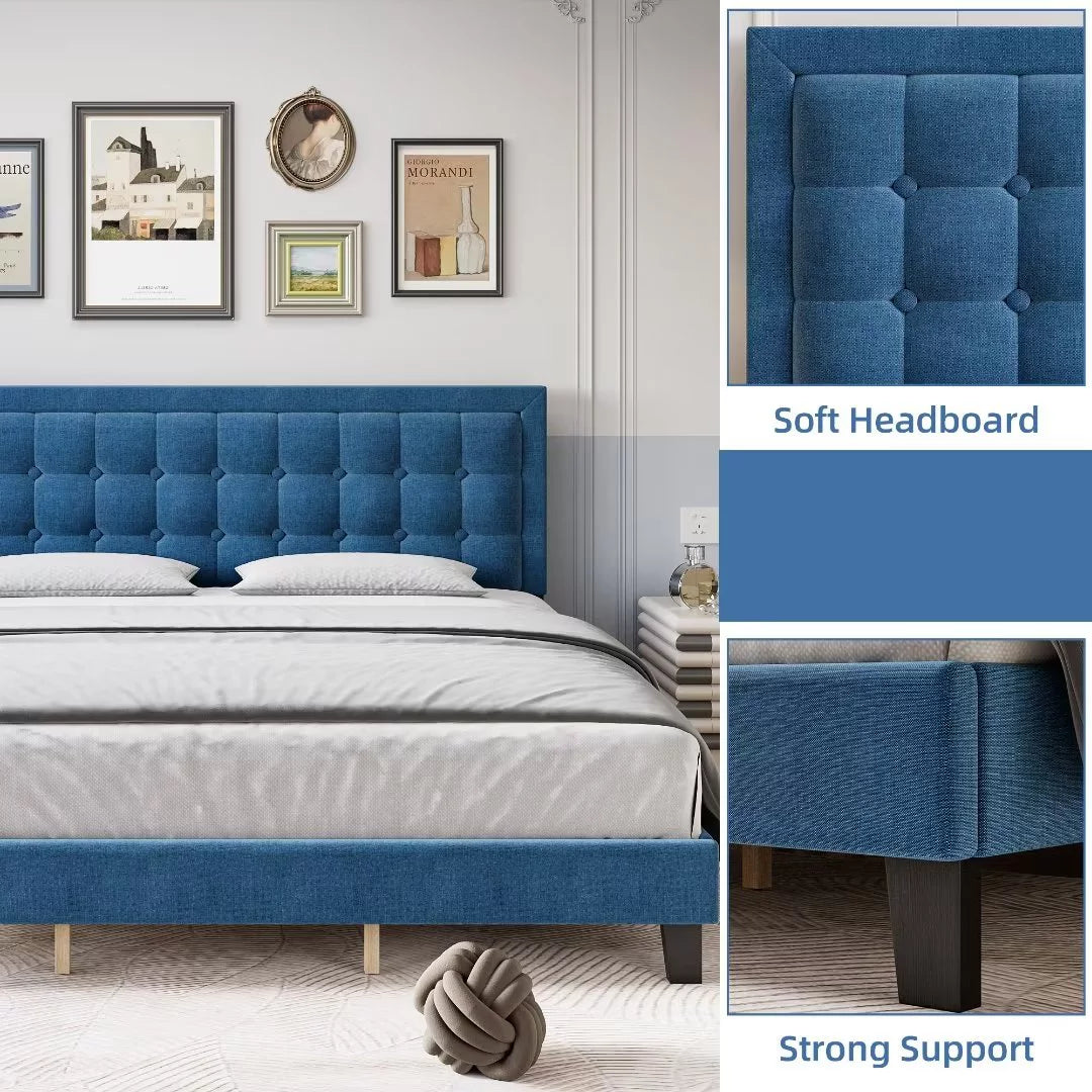 Full Size Blue Upholstered Platform Bed with Tufted Headboard M934