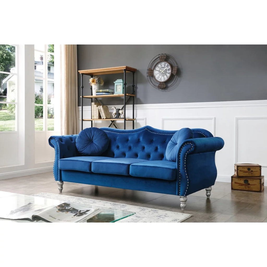 Navy Blue Velvet 3-Seater Sofa with 2-Throw Pillow A875