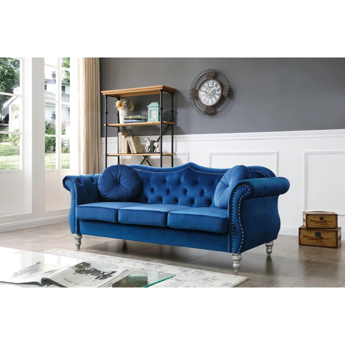Navy Blue Velvet 3-Seater Sofa with 2-Throw Pillow A875
