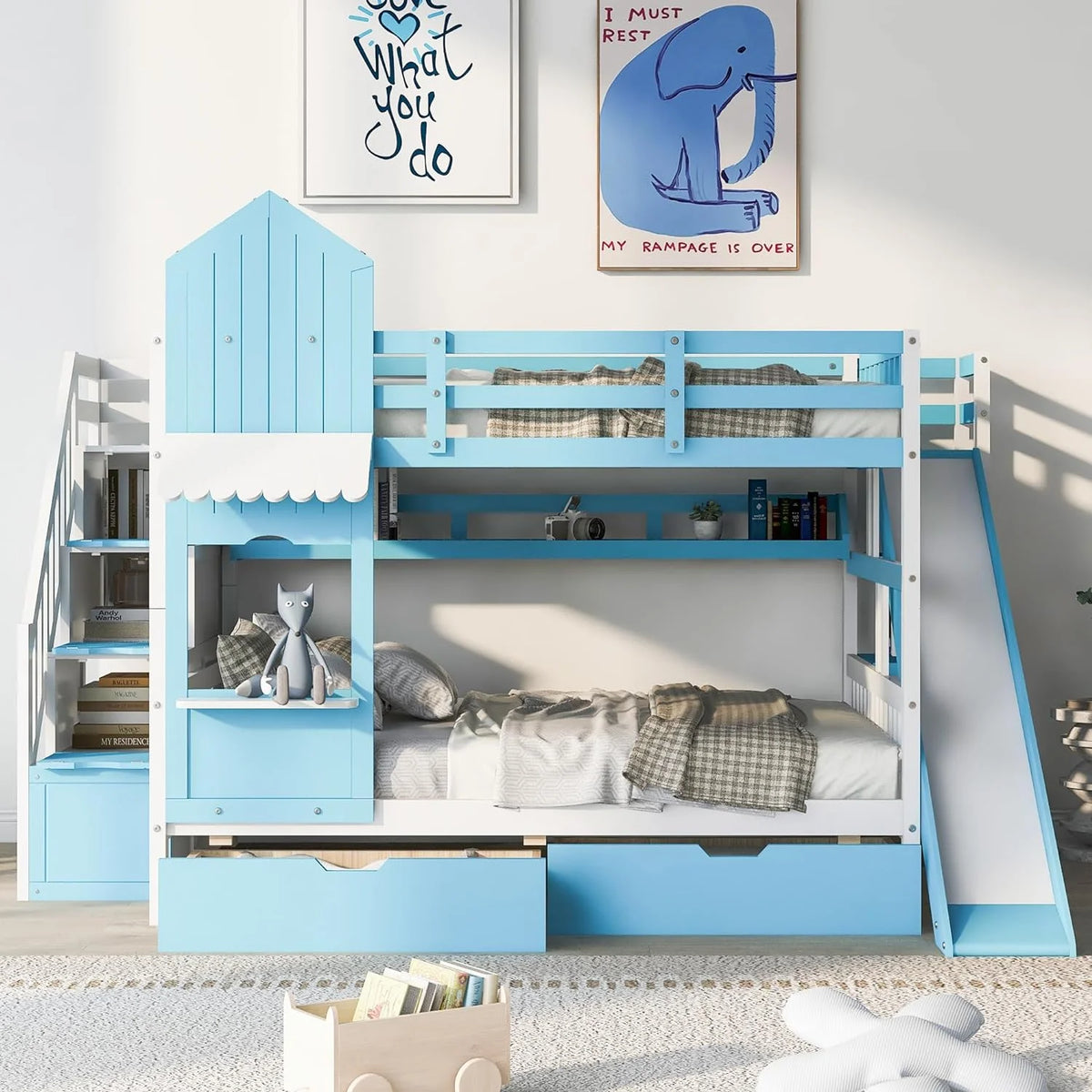 Wooden Bunk Bed with Slide Storage Stairs 2 Drawers 3 Shelves R35863