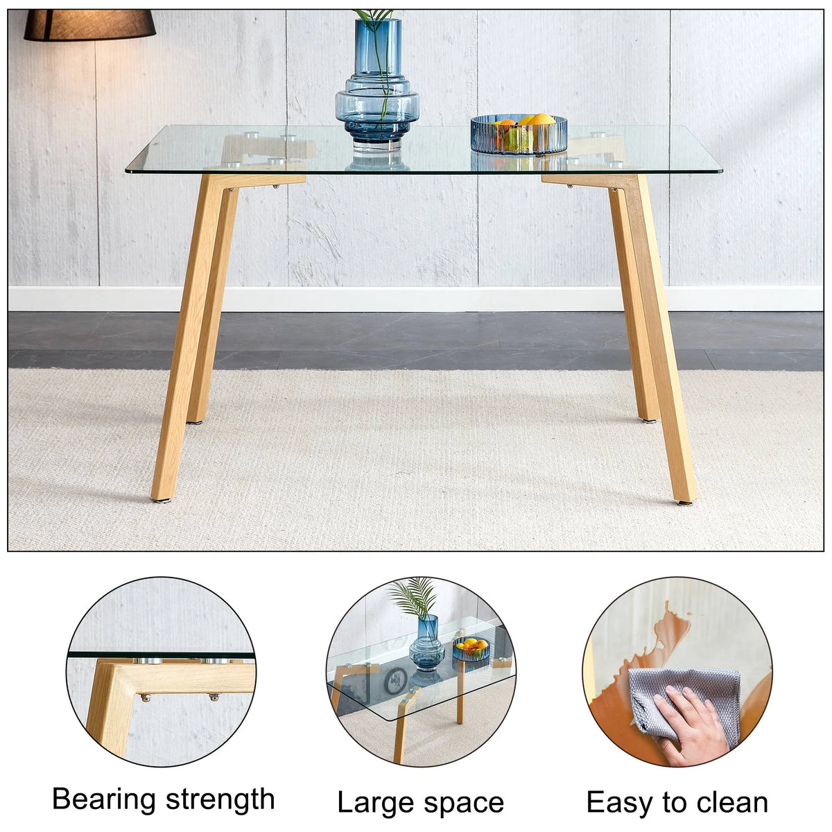 Glass Dining Table Rectangular with Tempered Glass Tabletop and Black Metal Legs K55837