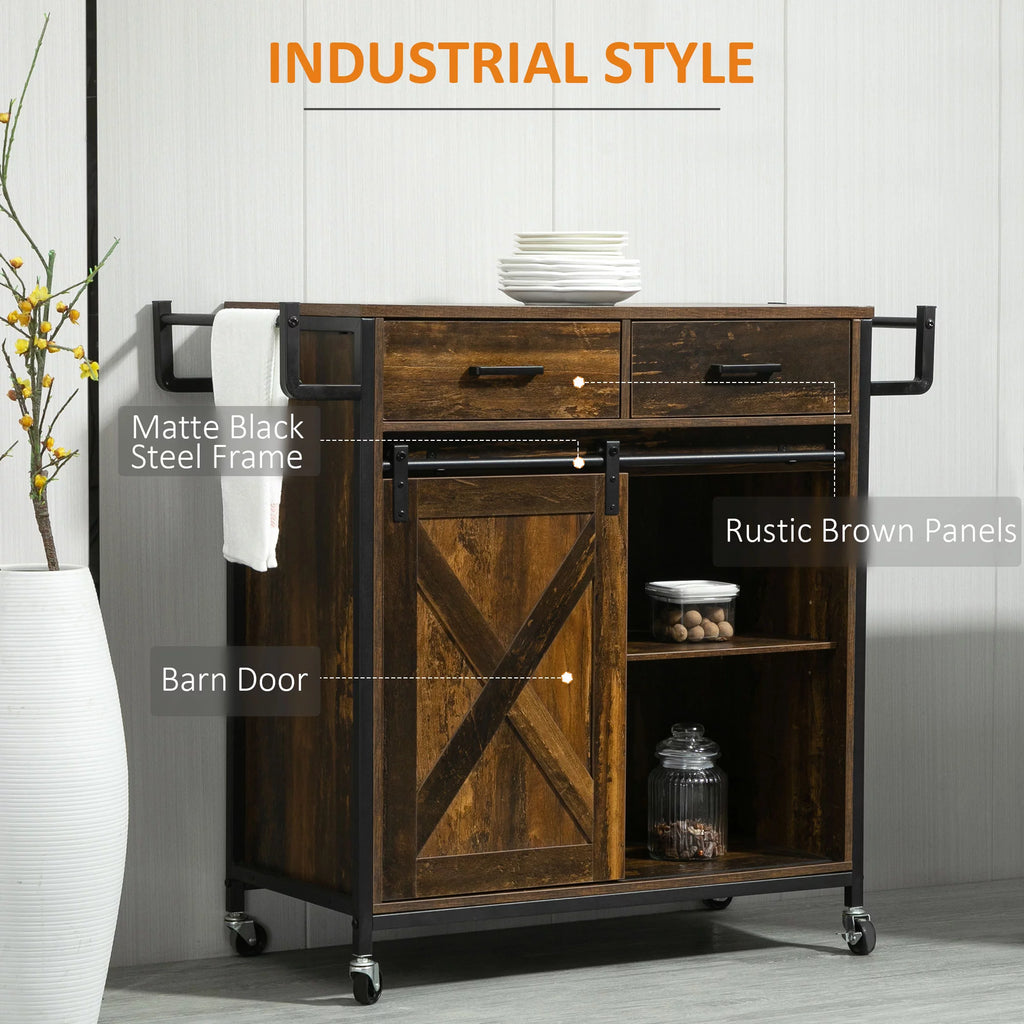 Rolling Kitchen Cart with Adjustable Shelf, Two Drawers and Towel Rack W197