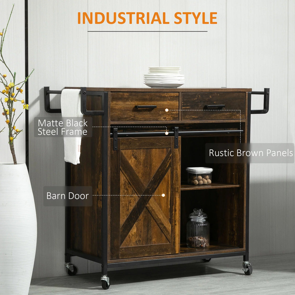 Rolling Kitchen Cart with Adjustable Shelf, Two Drawers and Towel Rack W197