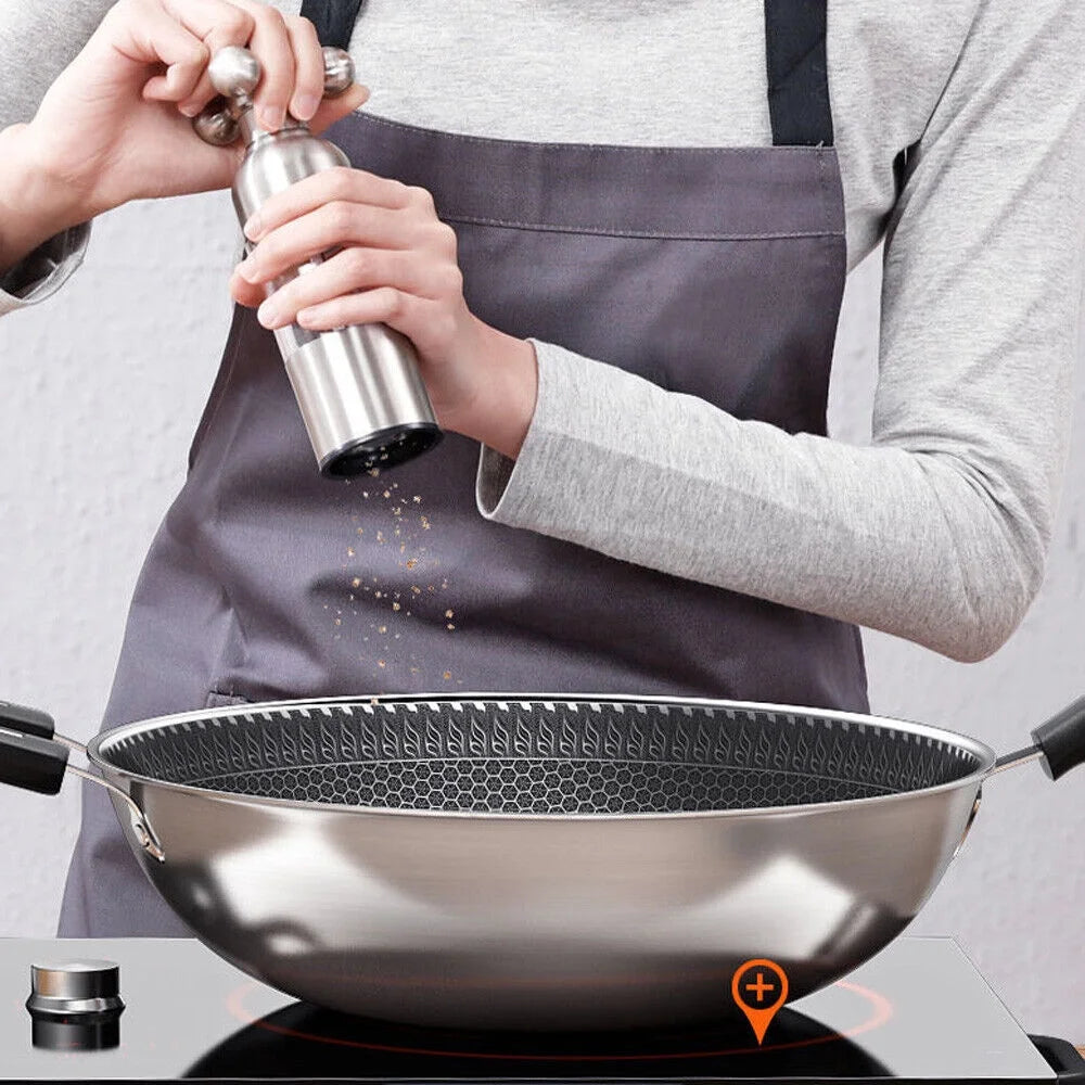Non Stick Honeycomb Frying Wok Pan with Lid Stainless Steel Q481