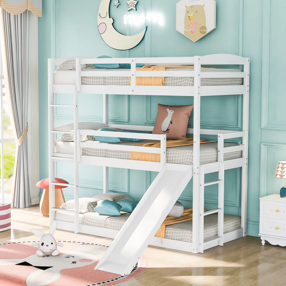 Twin over Twin over Twin Triple Bunk Bed with Ladder and Slide White E72841