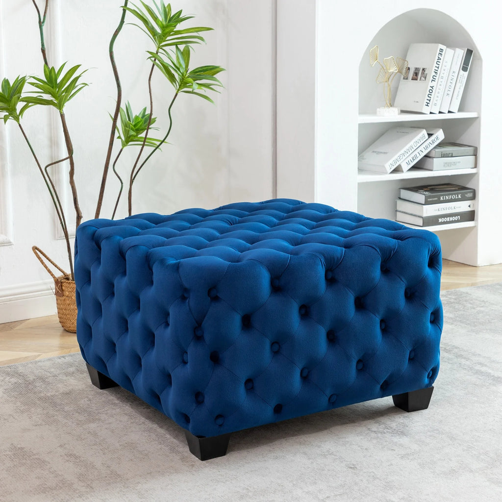 Black Velvet Tufted Square Ottoman with Rubberwood Legs X289
