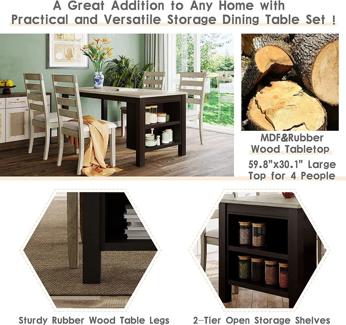 5-Piece Wood Dining Table Set with Padded Chairs S77014