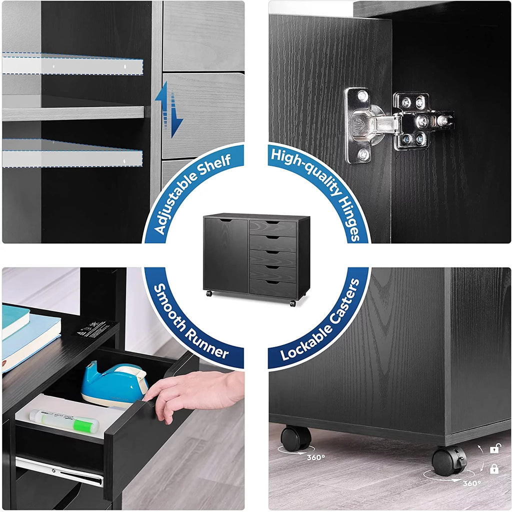 Black 5 Drawer Wood File Cabinet with Wheels B89263