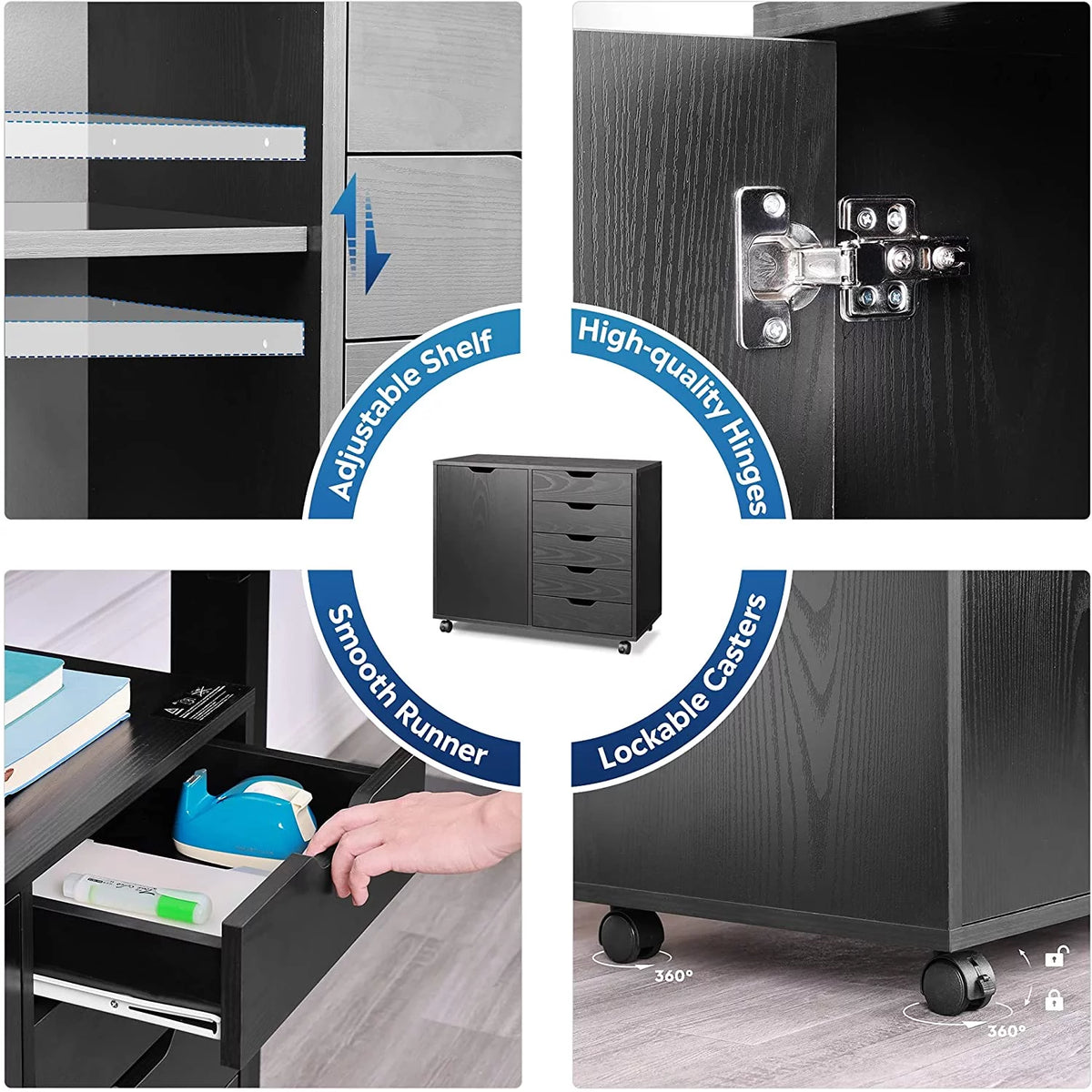 Black 5 Drawer Wood File Cabinet with Wheels B89263