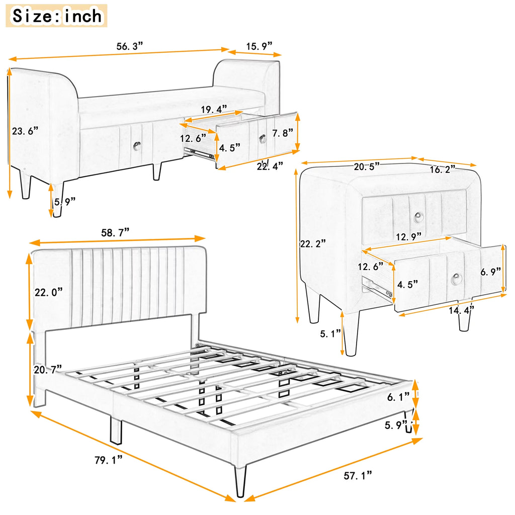 Queen Size Upholstered Platform Bed with 2 Nightstands and Storage Bench G7616