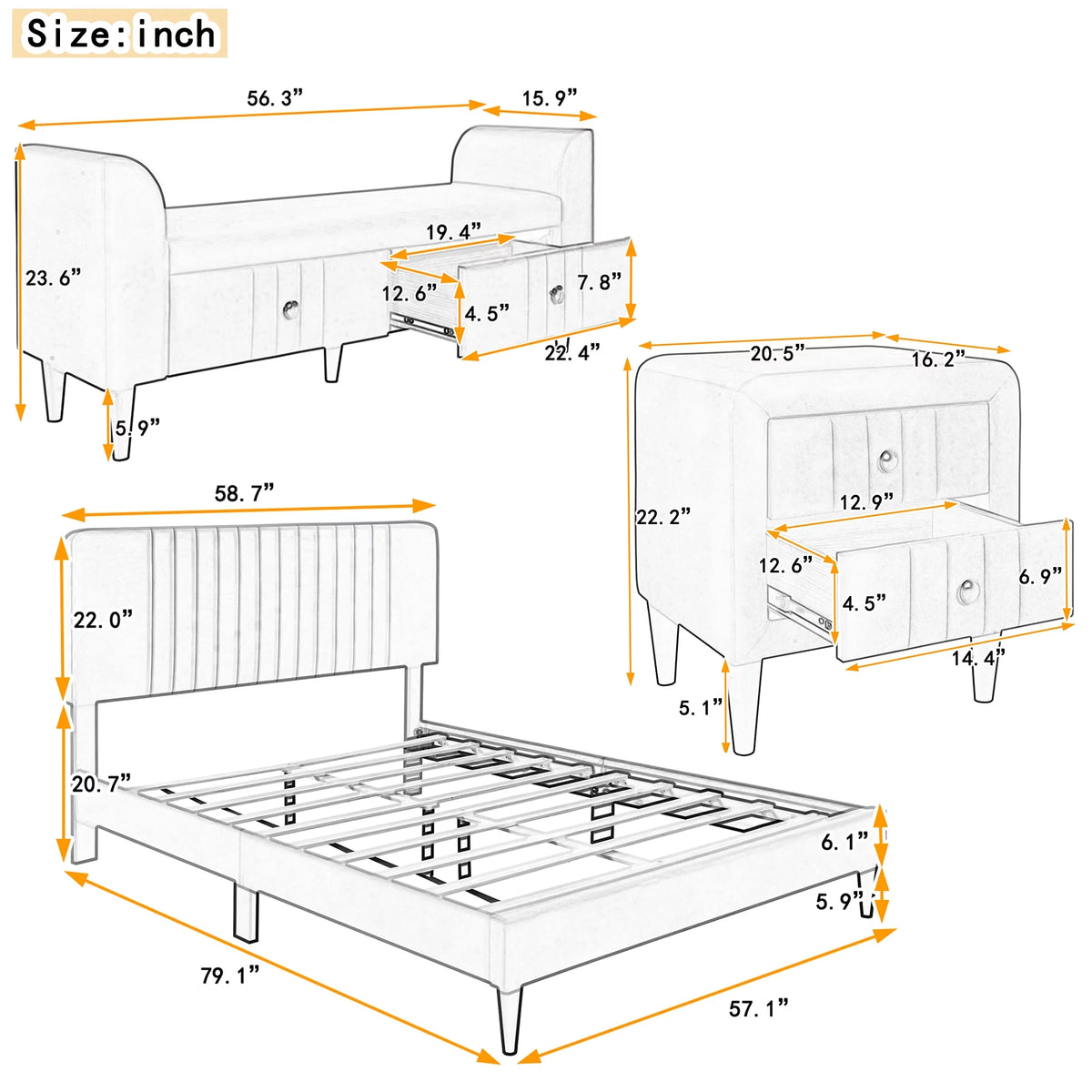 Queen Size Upholstered Platform Bed with 2 Nightstands and Storage Bench G7616