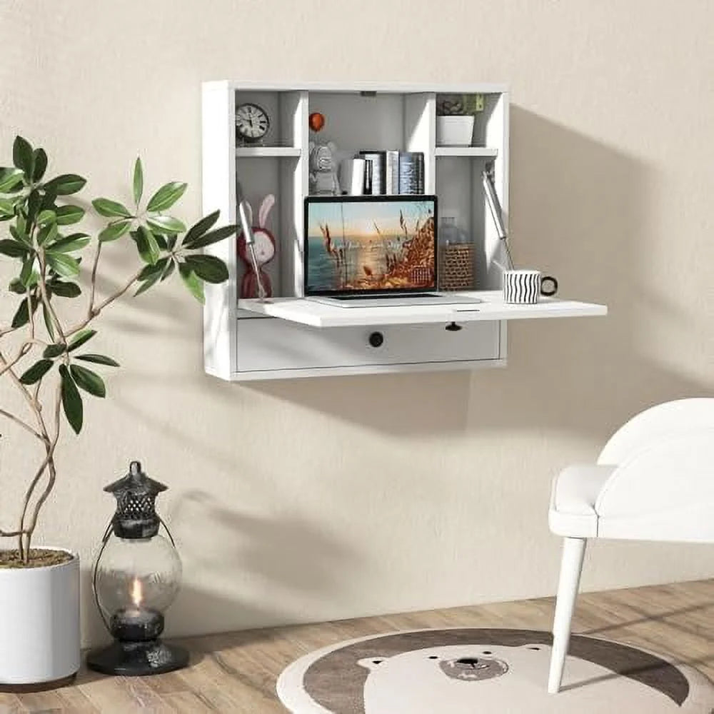 Black Wall Mounted Desk with Drawer and Shelves S8813