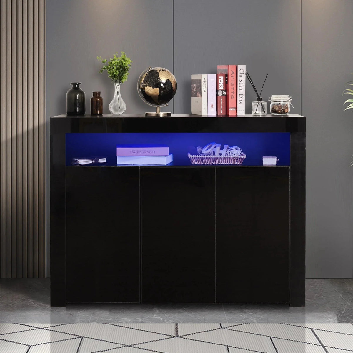 Black High Gloss Sideboard Storage Cabinet with LED Light U78384