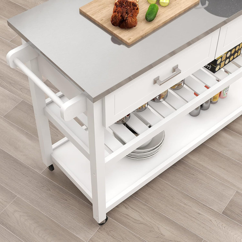 White Stainless Steel Top Kitchen Island on Wheels with 2 Drawers and Storage Shelves N15330
