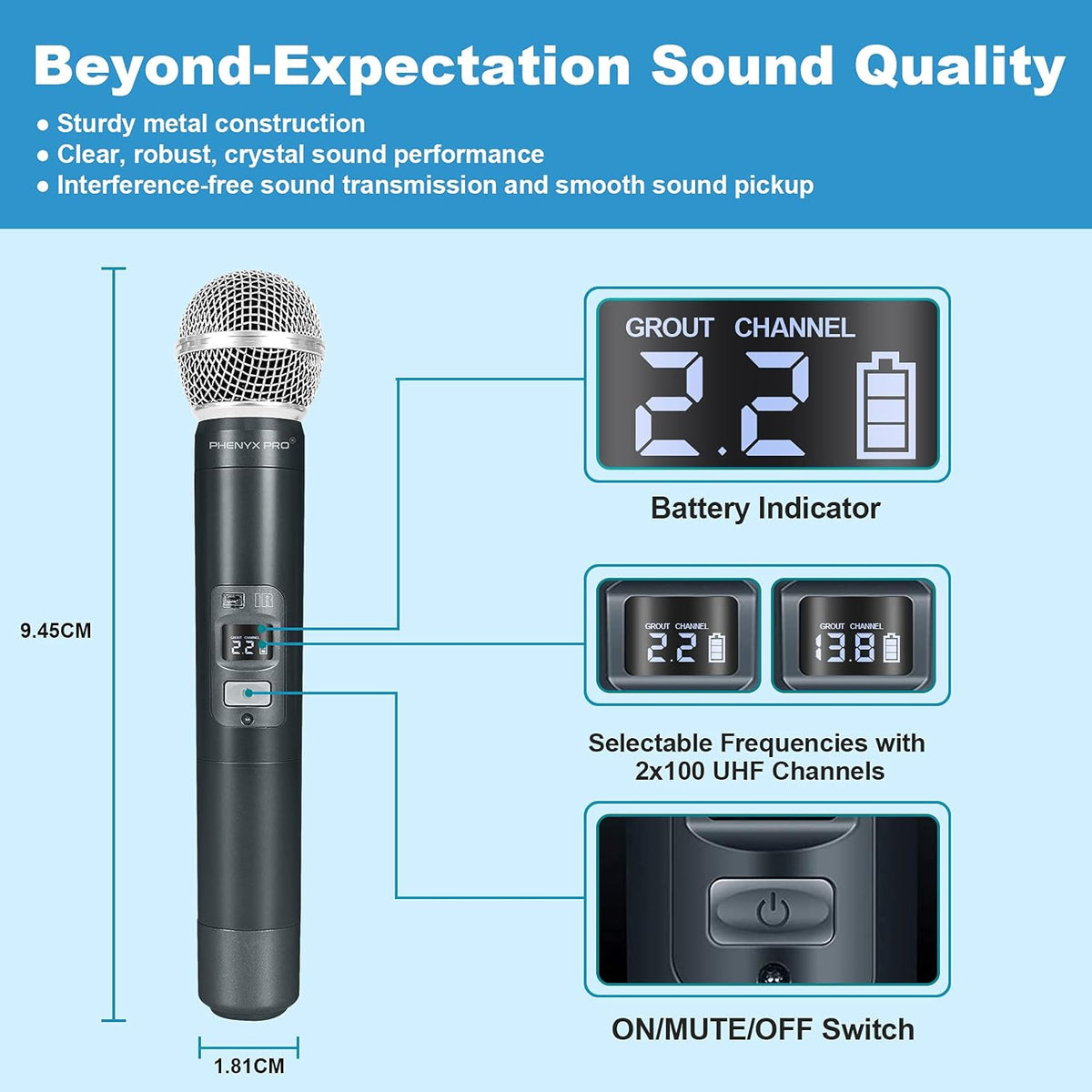 Wireless Microphone System, Dual Channel Cordless Mic Set with Handheld/Bodypack/Headset/Lapel L948209