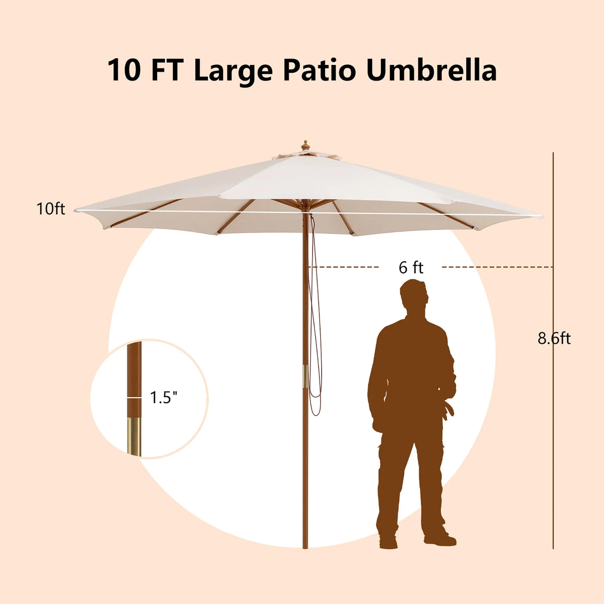 10FT Wooden Market Table Umbrella with 8 Bamboo Ribs Z59348