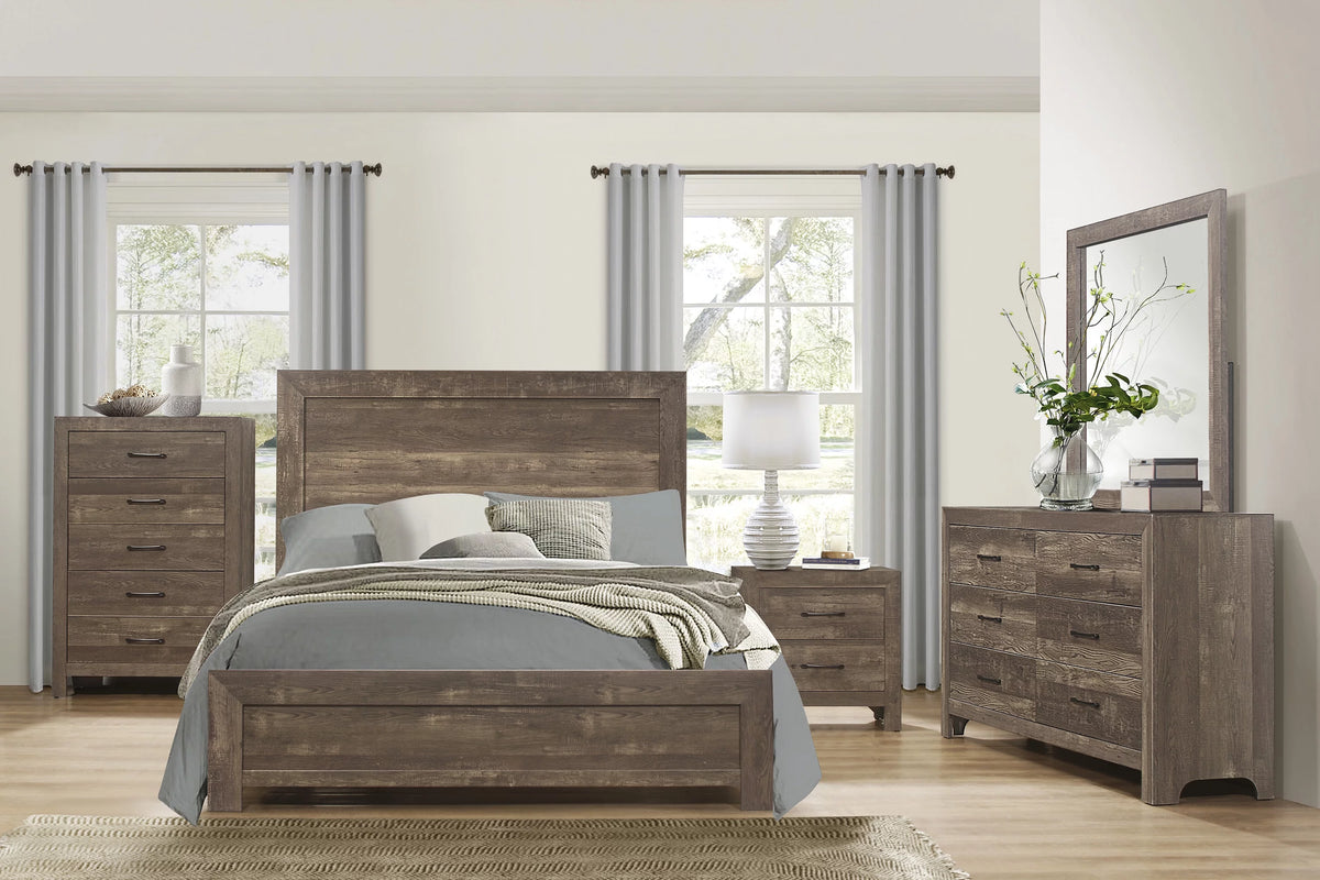 Queen Size Sleigh Bed Dresser Mirror Night Stand Rustic Brown C9536