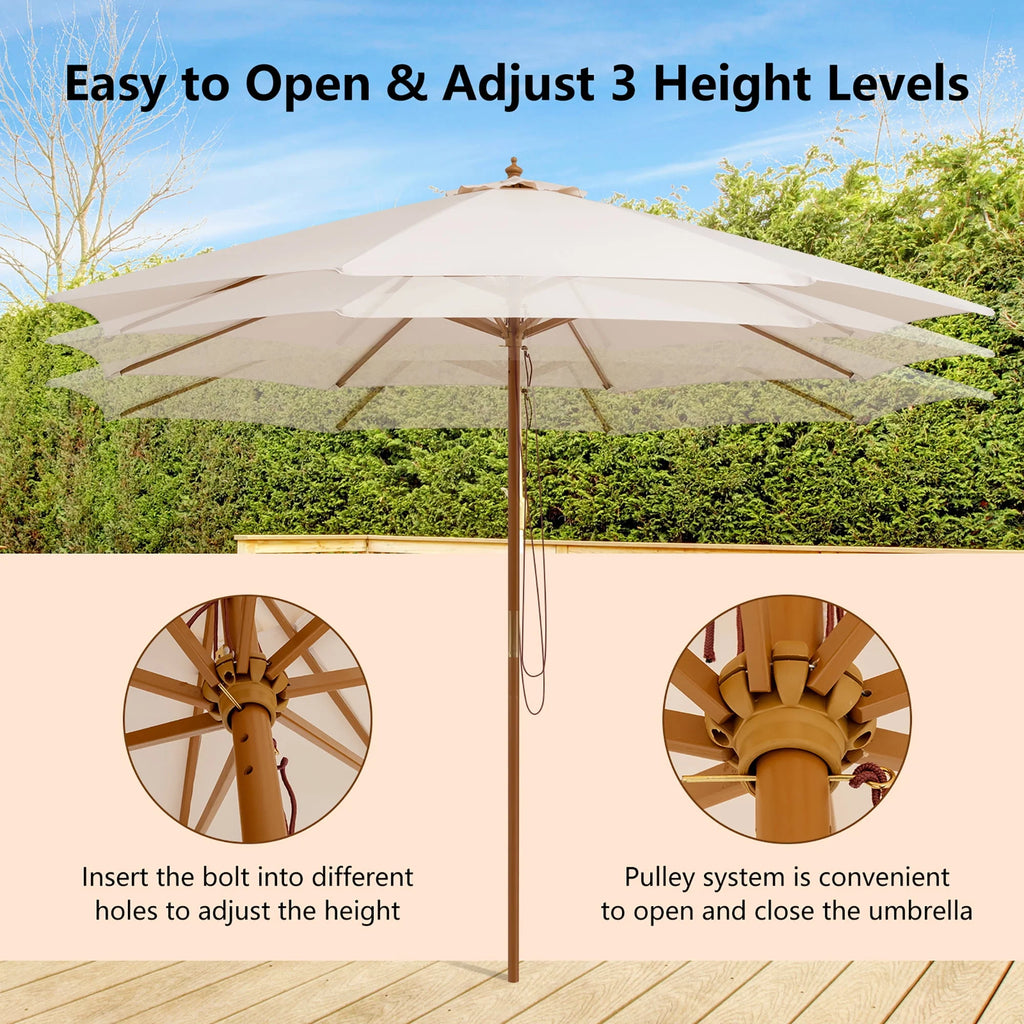 10FT Wooden Market Table Umbrella with 8 Bamboo Ribs Z59348