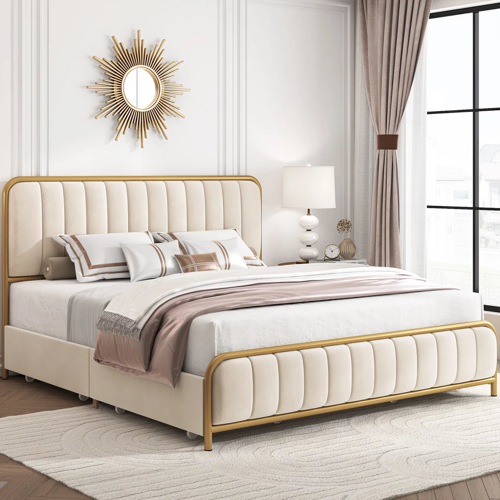 King Size 4 Drawer Gold Platform Bed with Tufted Headboard I992603
