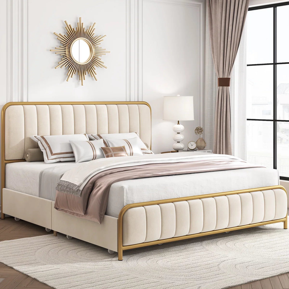 King Size 4 Drawer Gold Platform Bed with Tufted Headboard I992603