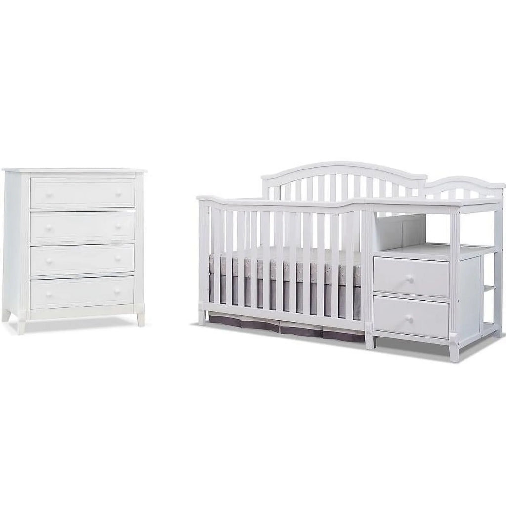 White Baby Crib with Changing Table and Dresser Chest 2 Piece Set O9886