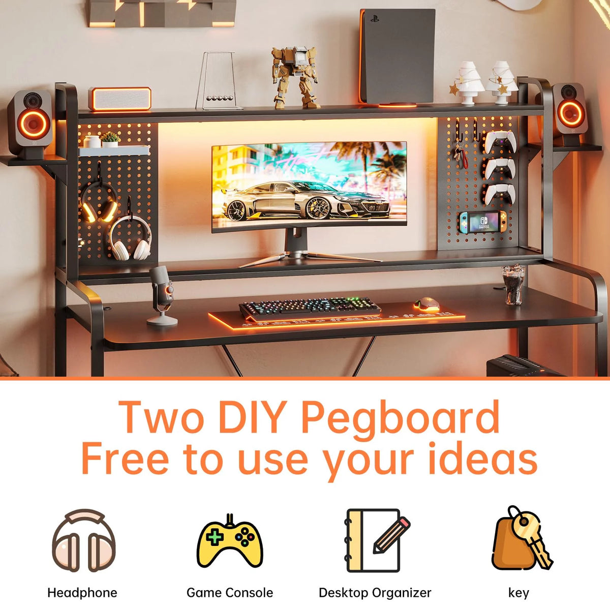Black 55" Gaming Desk with LED Lights and Shelves E237