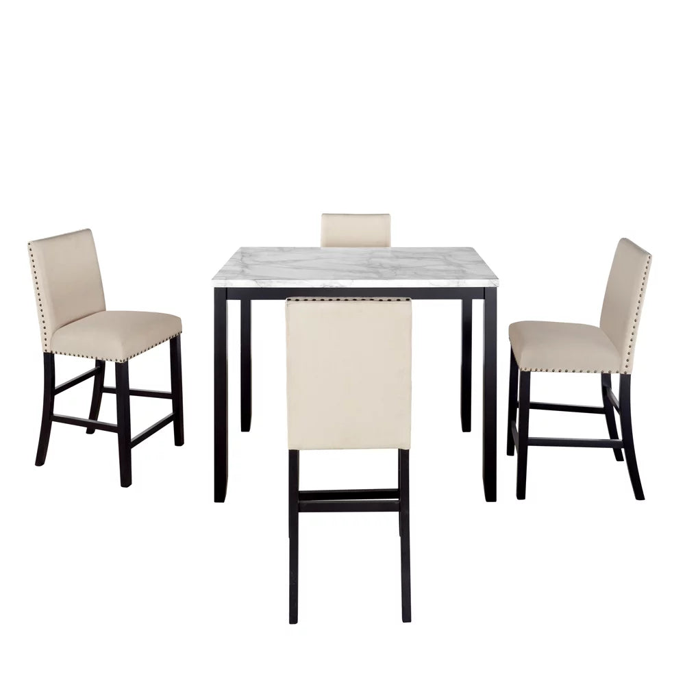 5 Pieces Counter Height Faux Marble Dining Set with 4 Upholstered Chairs O961409
