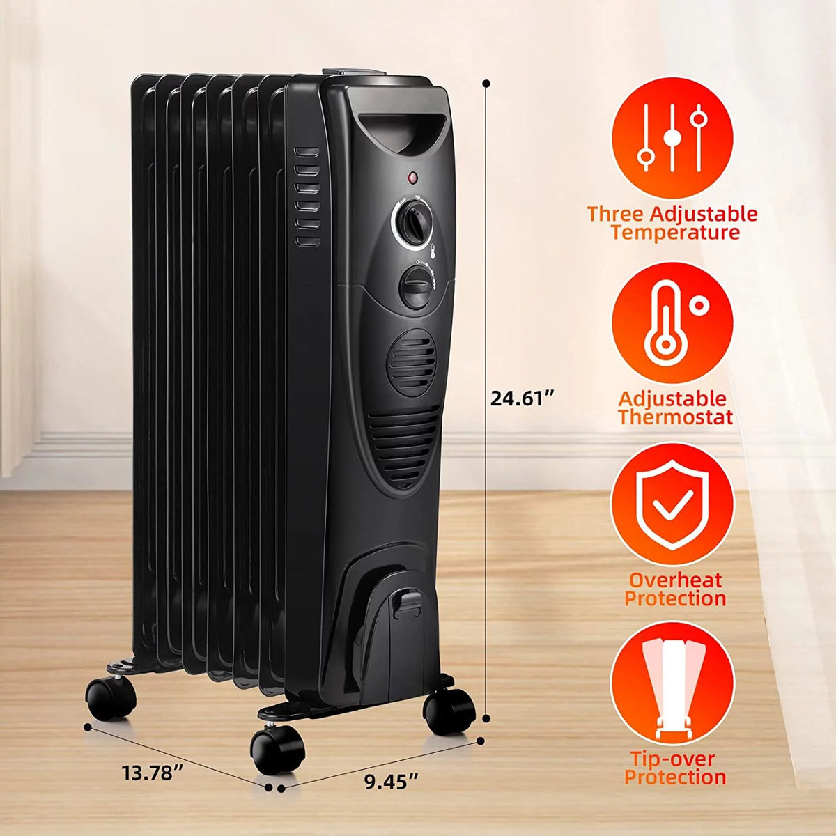 1500W Oil Filled Radiator Heater with 3 Heat Settings E493492