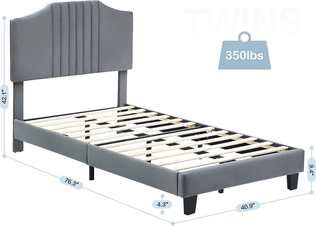 Twin Size Velvet Upholstered Platform Bed Frame with Headboard N1527