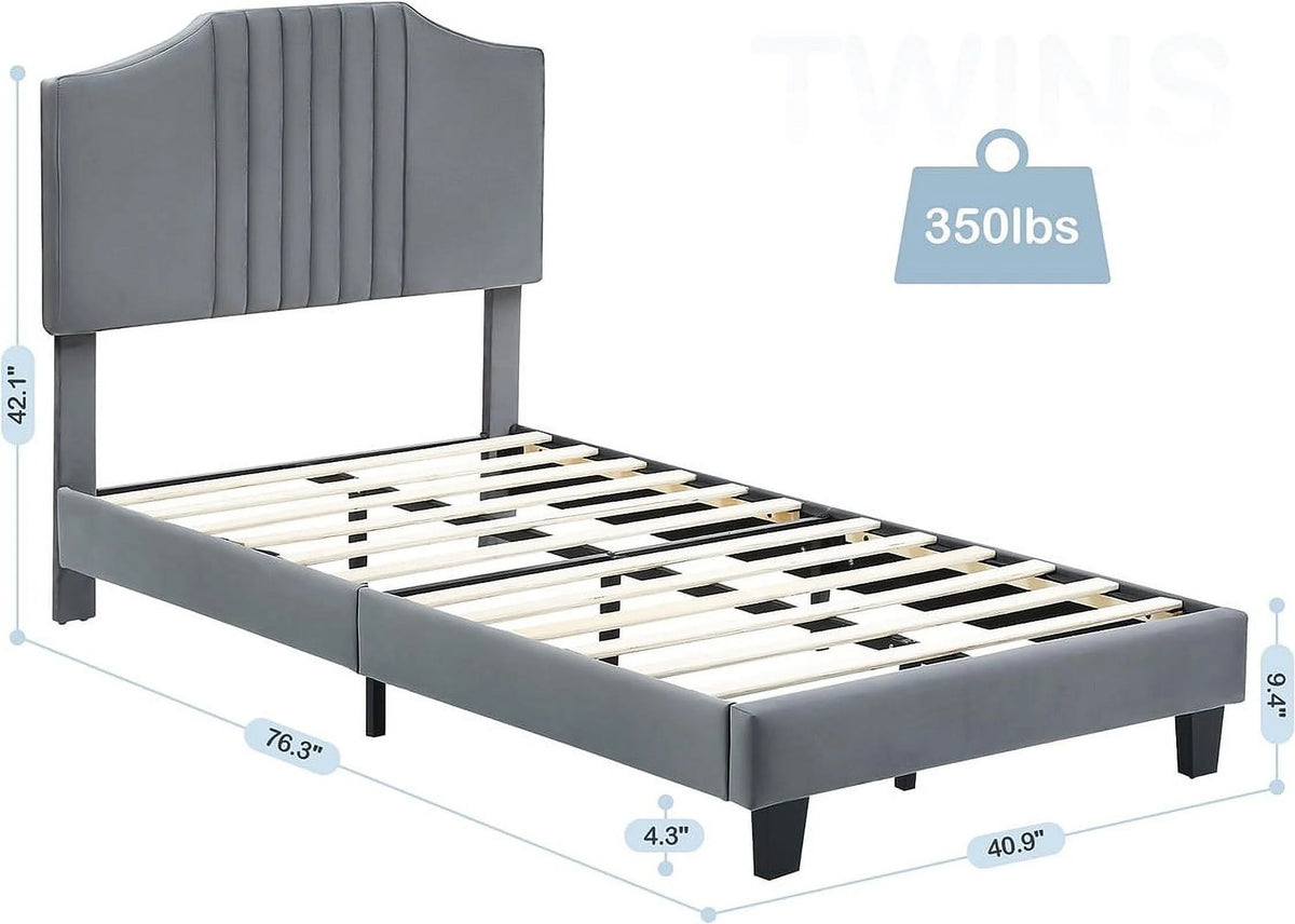 Twin Size Velvet Upholstered Platform Bed Frame with Headboard N1527