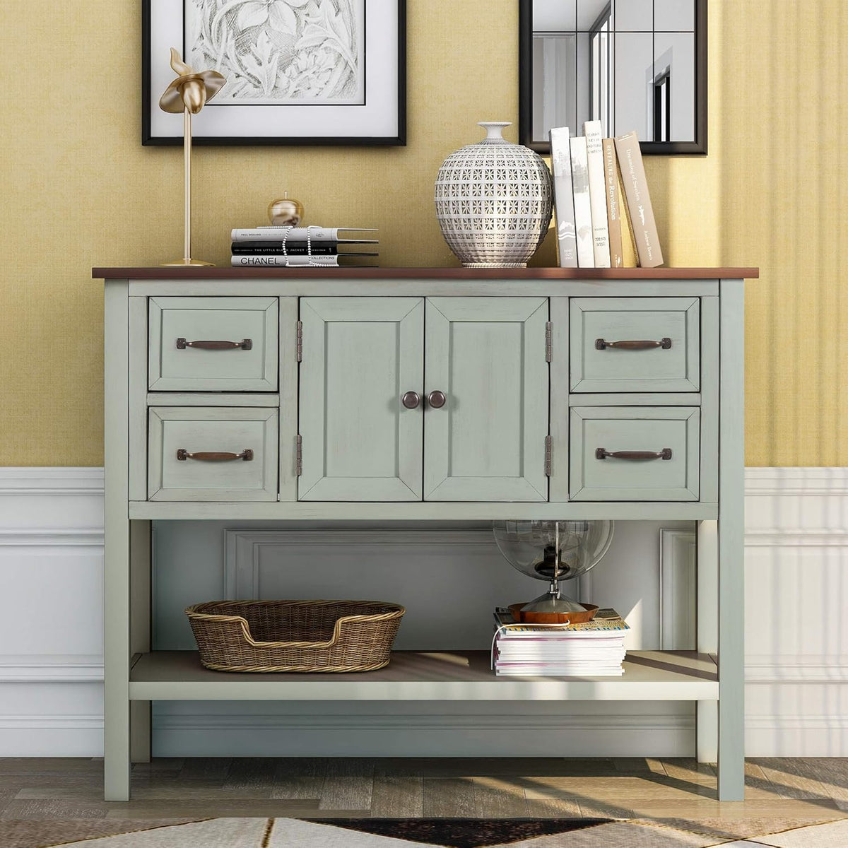 43 Inch Light Blue Console Table with Doors Drawers and Open Shelf T142743
