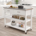 White Stainless Steel Top Kitchen Island on Wheels with 2 Drawers and Storage Shelves N15330