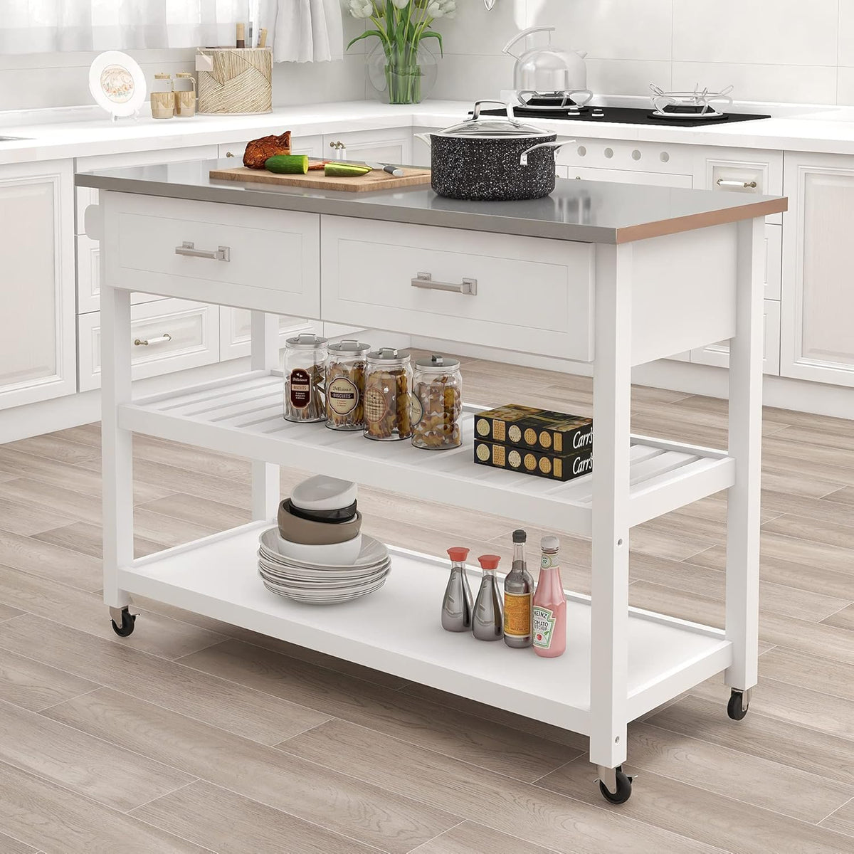 White Stainless Steel Top Kitchen Island on Wheels with 2 Drawers and Storage Shelves N15330