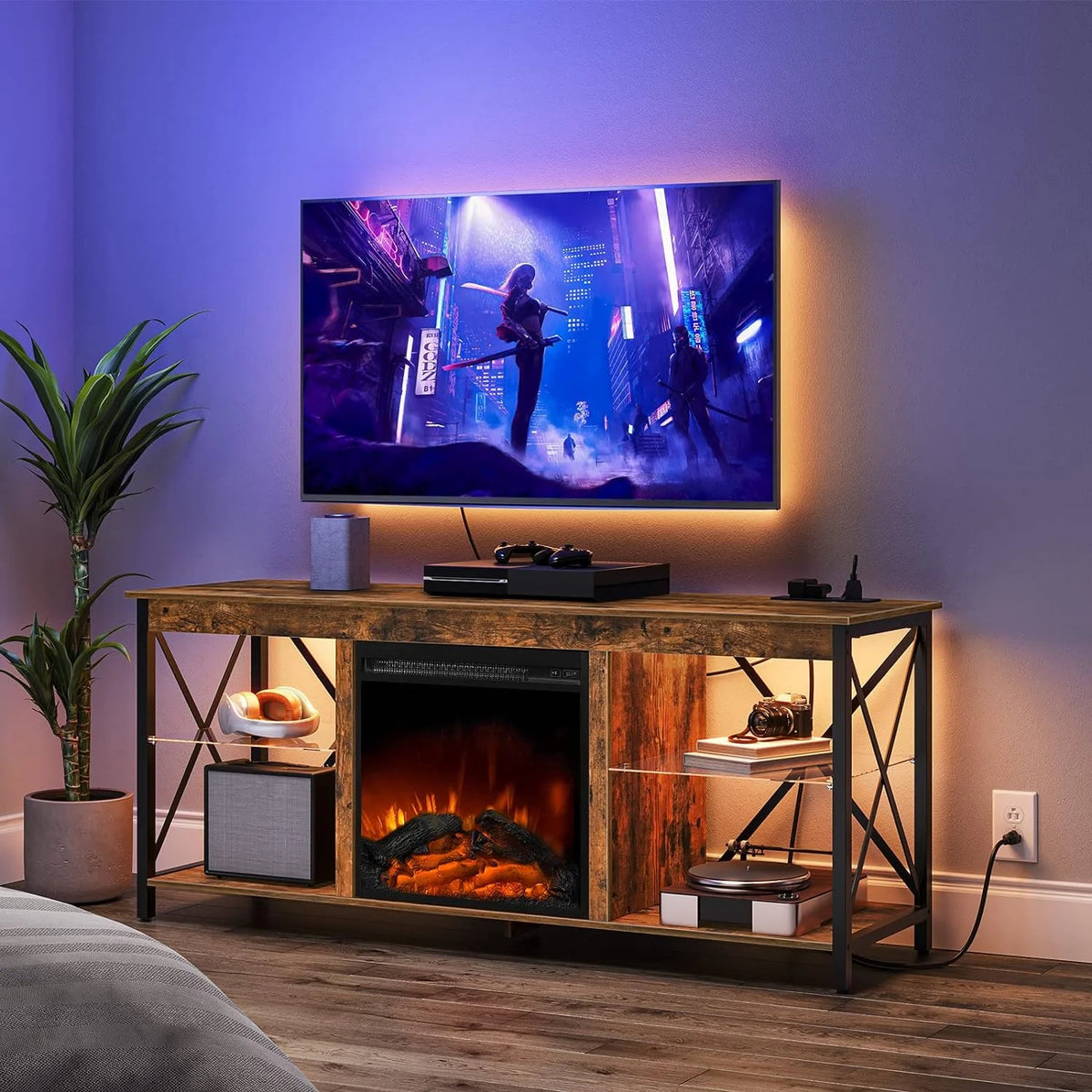 Rustic Brown Fireplace TV Stand with Led Lights and Power Outlets P307