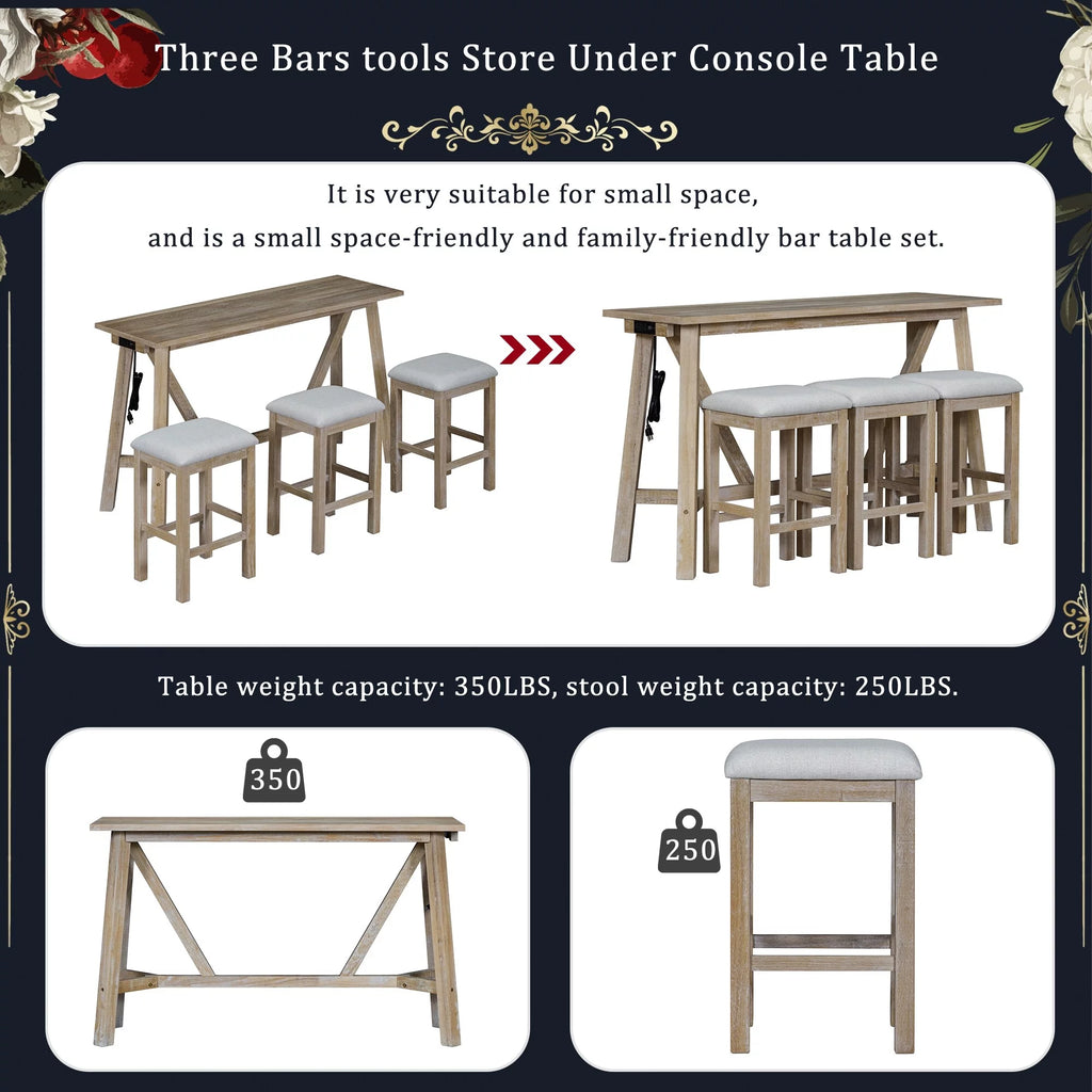 Natural Wood Wash Kitchen Bar Table Set with Upholstered Stools H71063