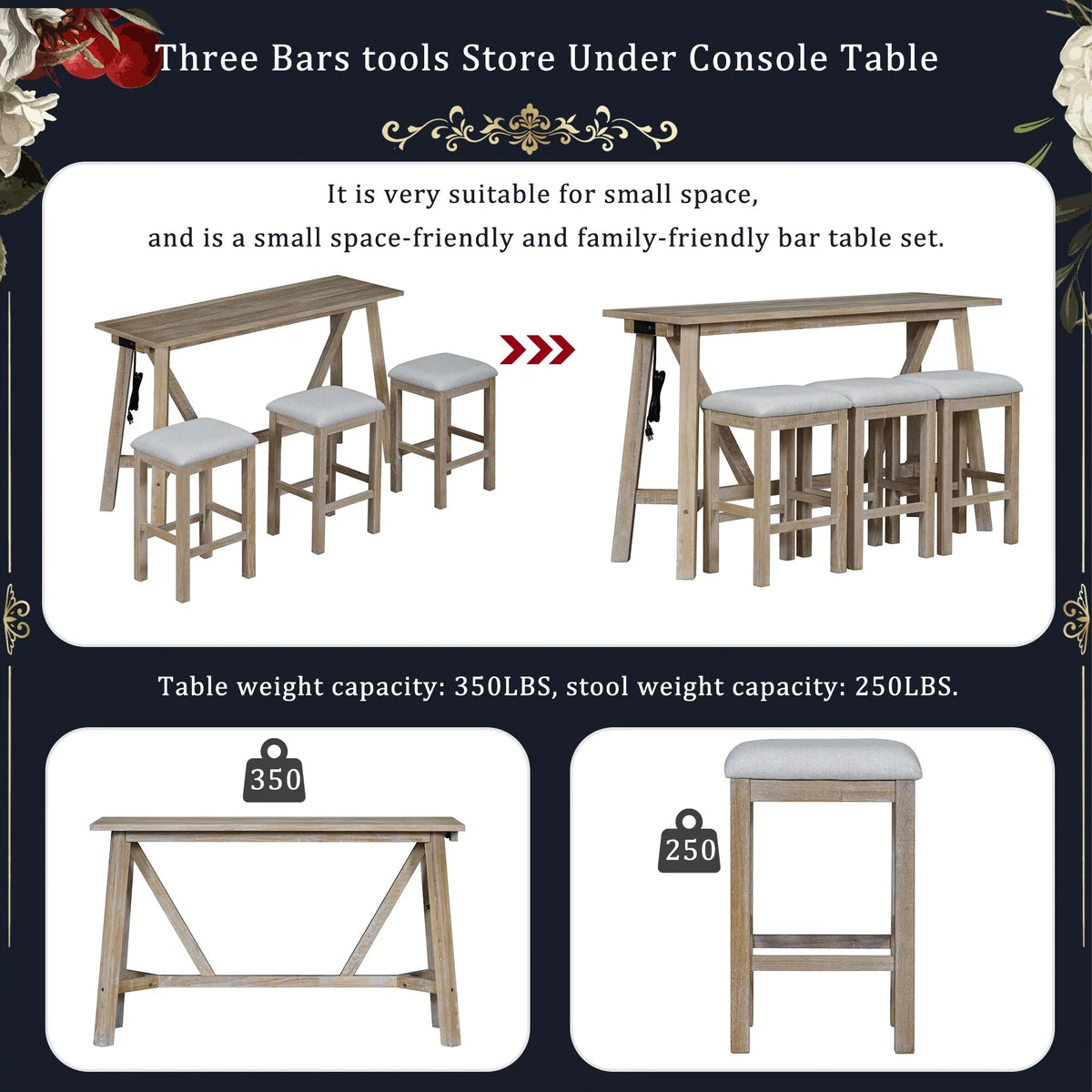 Natural Wood Wash Kitchen Bar Table Set with Upholstered Stools H71063