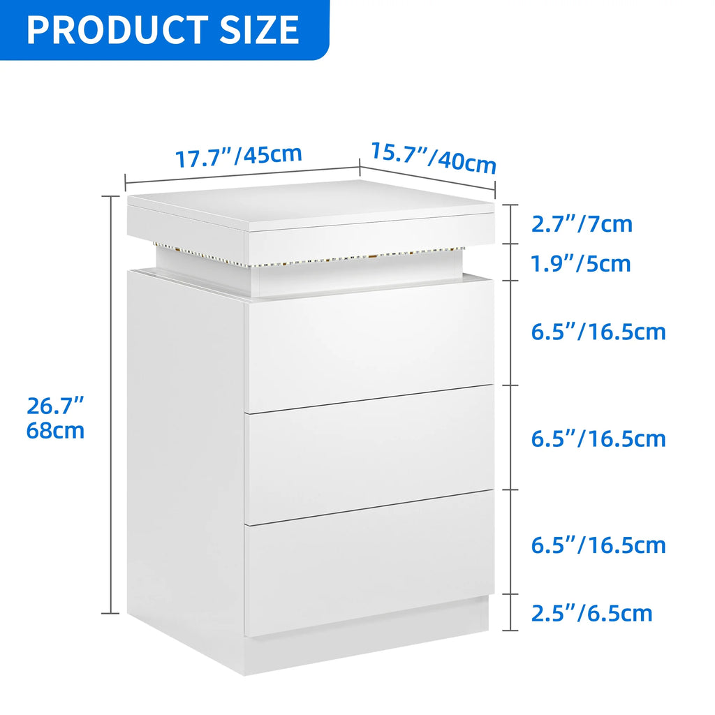 White 3 Drawer LED Nightstand N5184