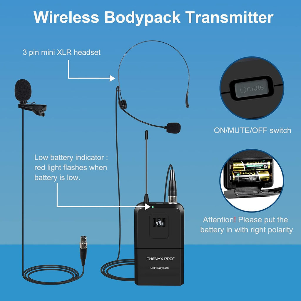 Wireless Microphone System, Dual Channel Cordless Mic Set with Handheld/Bodypack/Headset/Lapel L948209