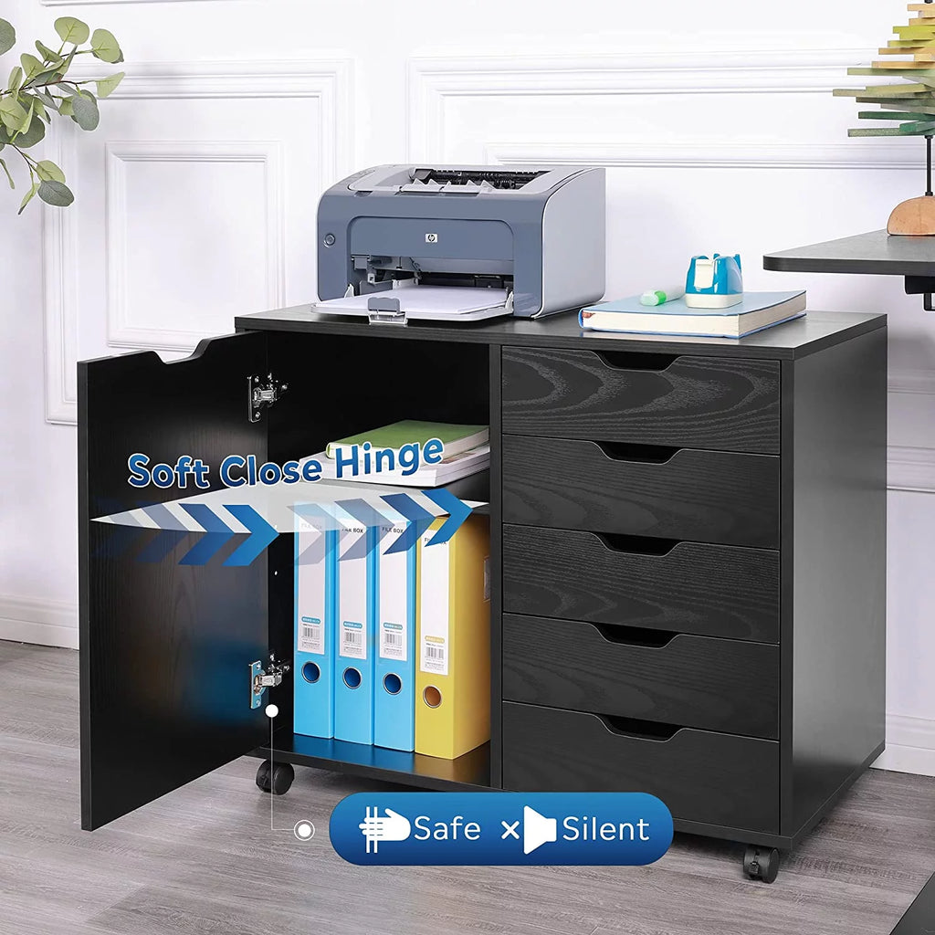 Black 5 Drawer Wood File Cabinet with Wheels B89263