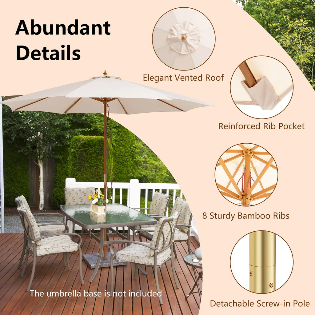 10FT Wooden Market Table Umbrella with 8 Bamboo Ribs Z59348