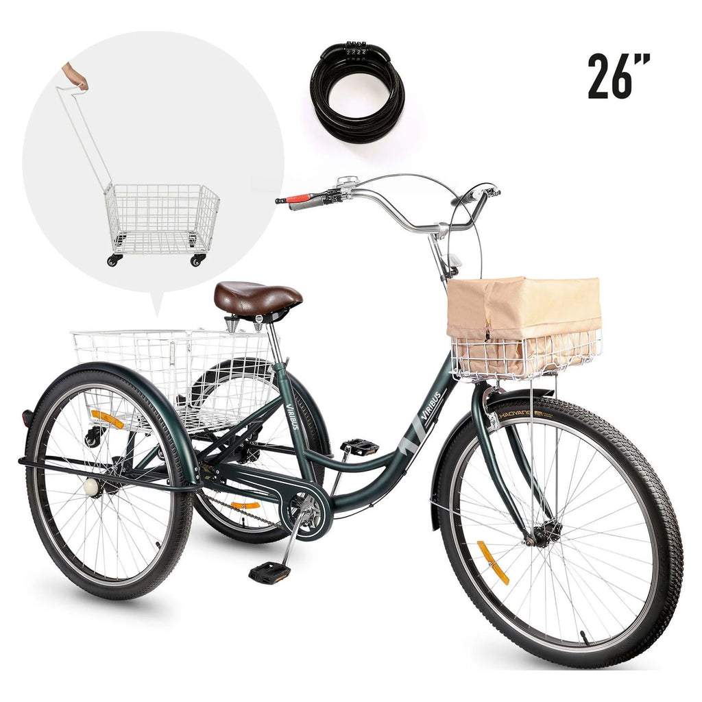 24 Inch Single Speed Adult Tricycle 3 Wheels Cruiser Bike with Removable Wheeled Basket V8602