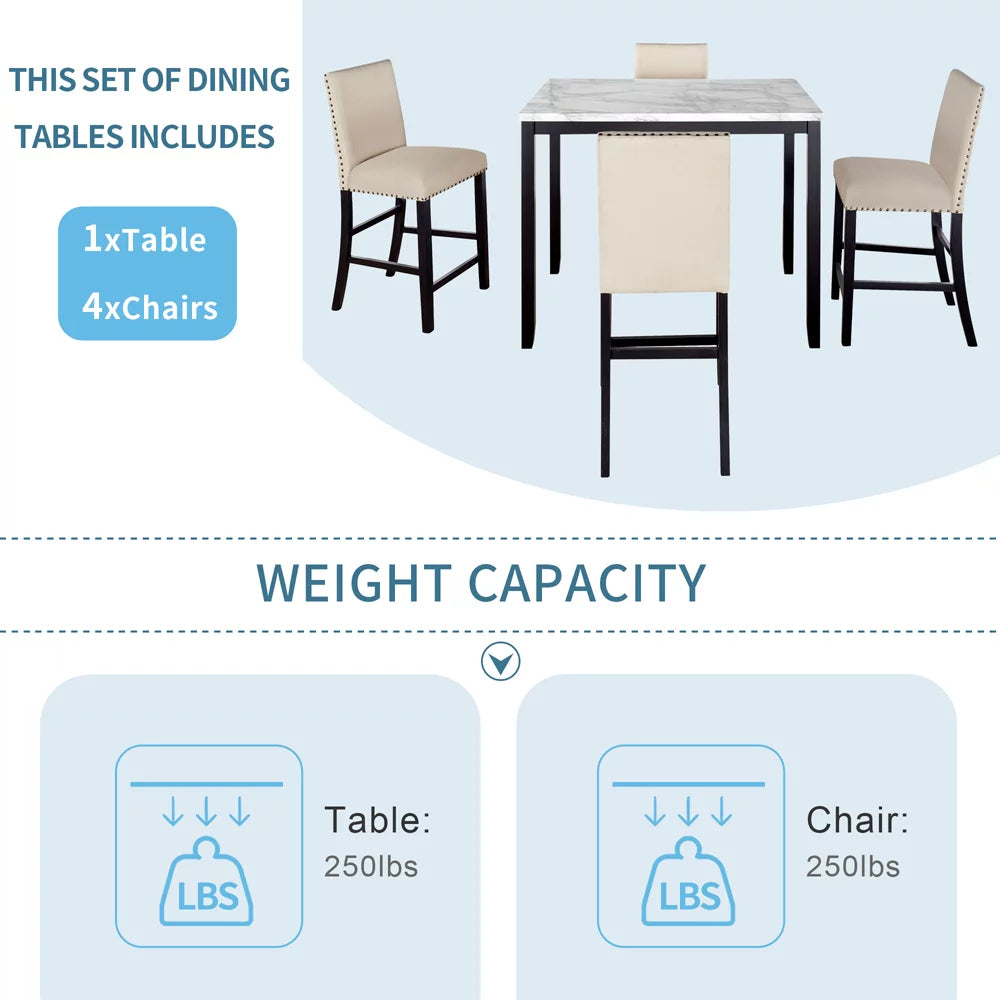 5 Pieces Counter Height Faux Marble Dining Set with 4 Upholstered Chairs O961409
