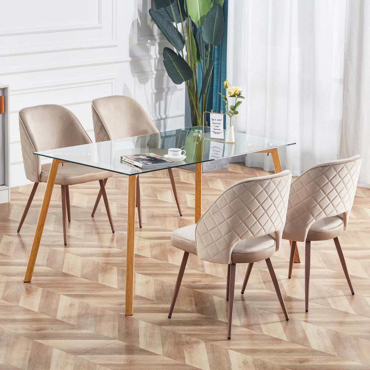 Glass Dining Table Rectangular with Tempered Glass Tabletop and Black Metal Legs K55837
