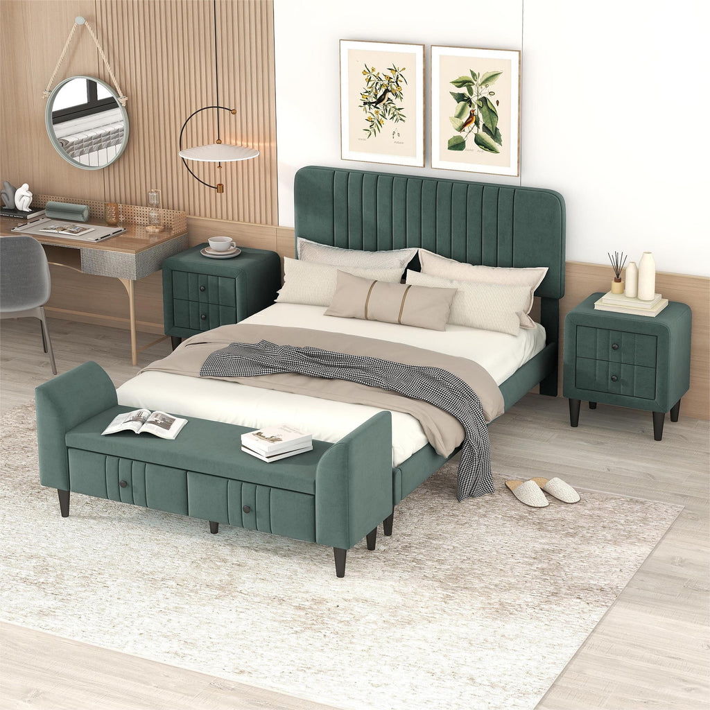Queen Size Upholstered Platform Bed with 2 Nightstands and Storage Bench G7616